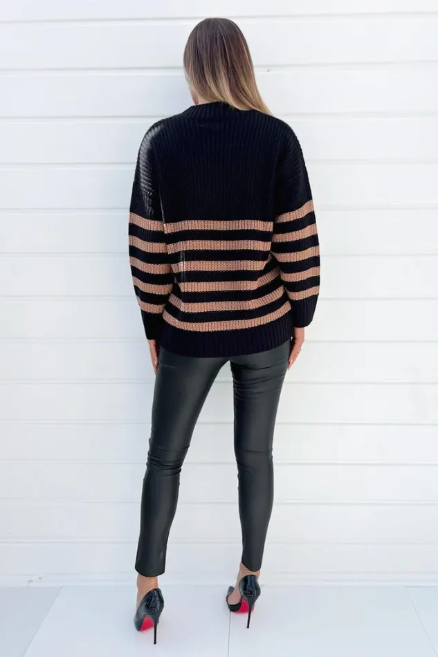 AX Paris Knitwear Black And Camel Stripe VNeck Knit Jumper