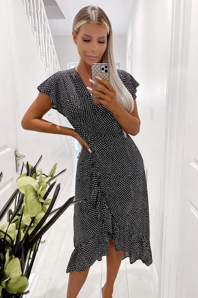 AX Paris Midi Dresses Black Polka Dot Ruffle Wrap Midi Dress
