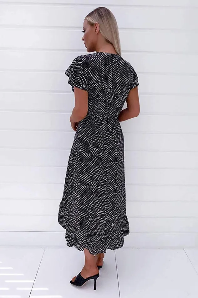 AX Paris Midi Dresses Black Polka Dot Ruffle Wrap Midi Dress