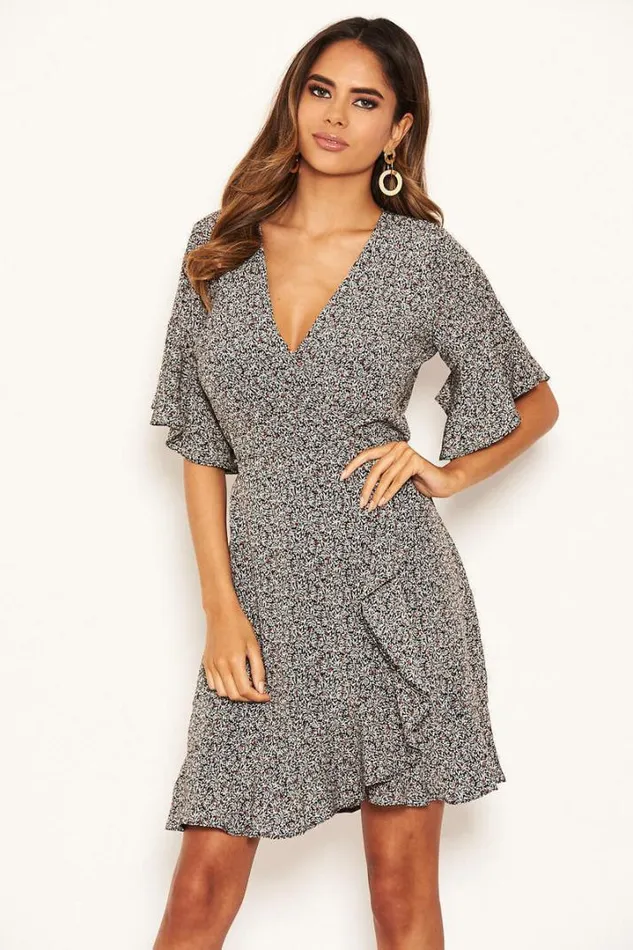 AX Paris Occasion Dresses Black Ditsy Printed Frill Hem Wrap Dress