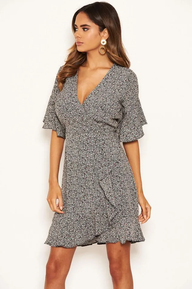 AX Paris Occasion Dresses Black Ditsy Printed Frill Hem Wrap Dress
