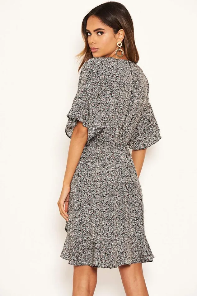AX Paris Occasion Dresses Black Ditsy Printed Frill Hem Wrap Dress