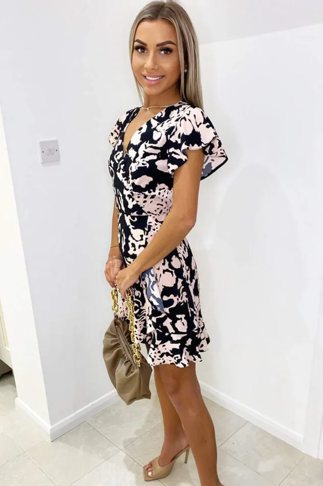 AX Paris Party Dresses Black Nude Abstract Print Wrap Over Dress