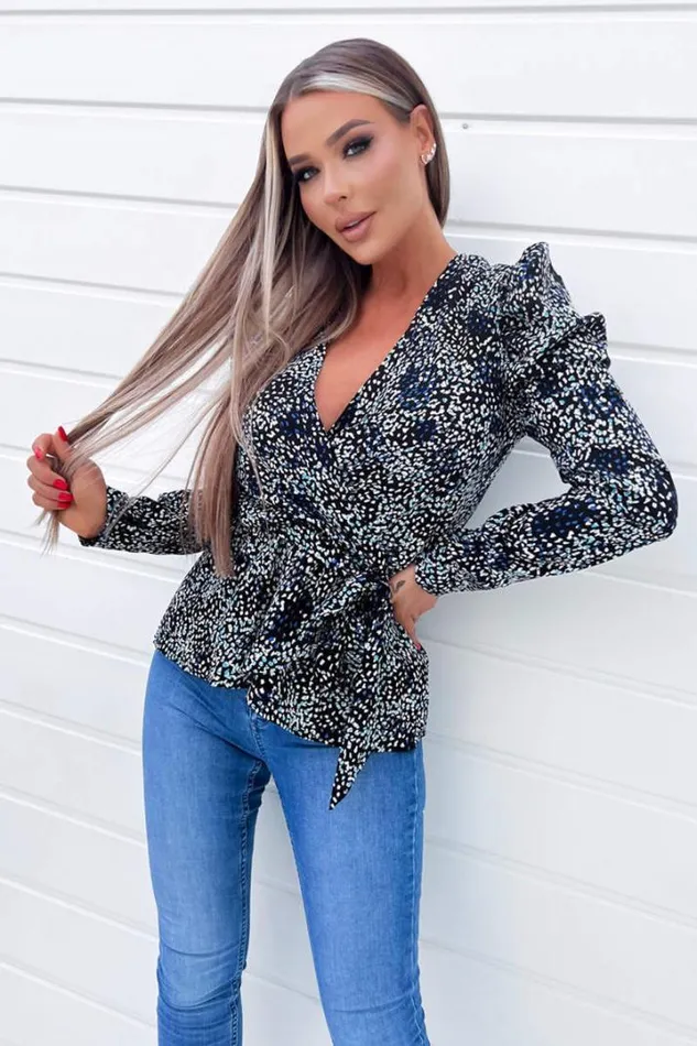 AX Paris Tops Black And Blue Printed Belted Wrap Top