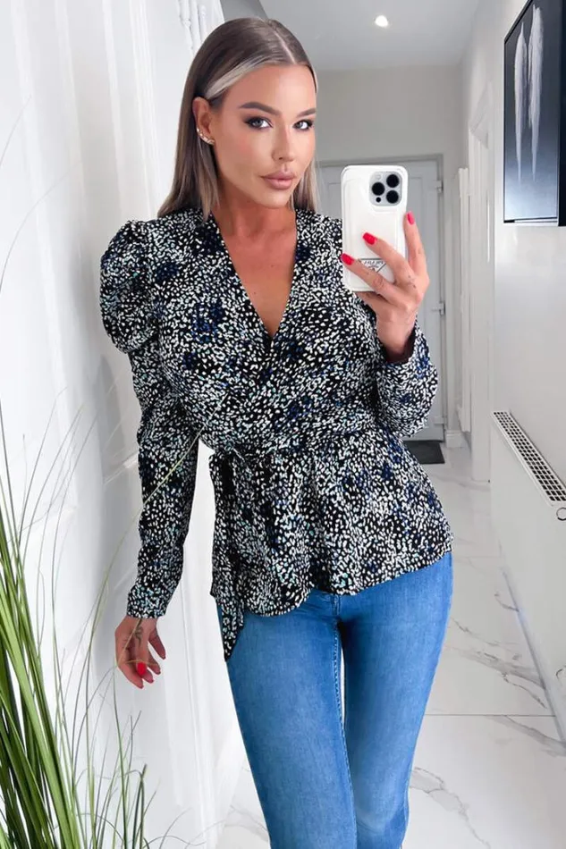 AX Paris Tops Black And Blue Printed Belted Wrap Top