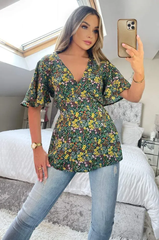 AX Paris Tops Black Ditsy Floral Printed Short Sleeve Top