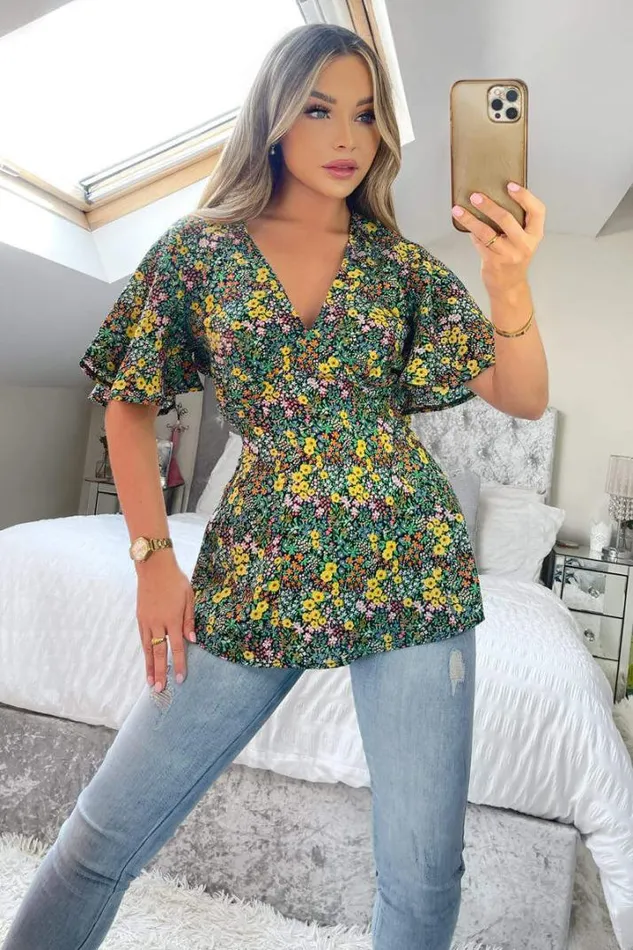 AX Paris Tops Black Ditsy Floral Printed Short Sleeve Top
