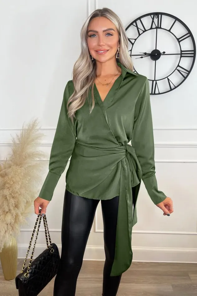 AX Paris Tops Olive Satin Tie Waist Wrap Shirt