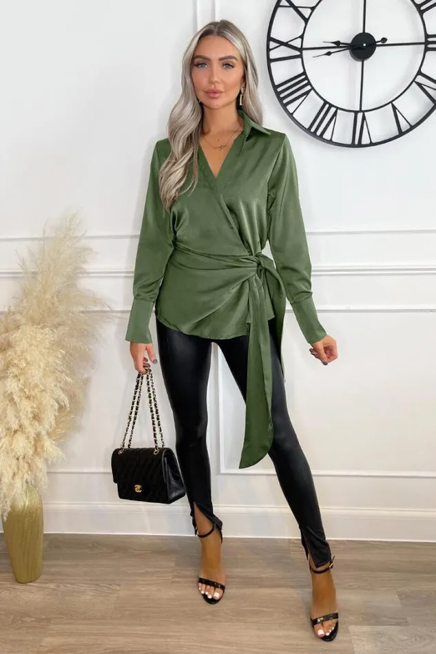 AX Paris Tops Olive Satin Tie Waist Wrap Shirt