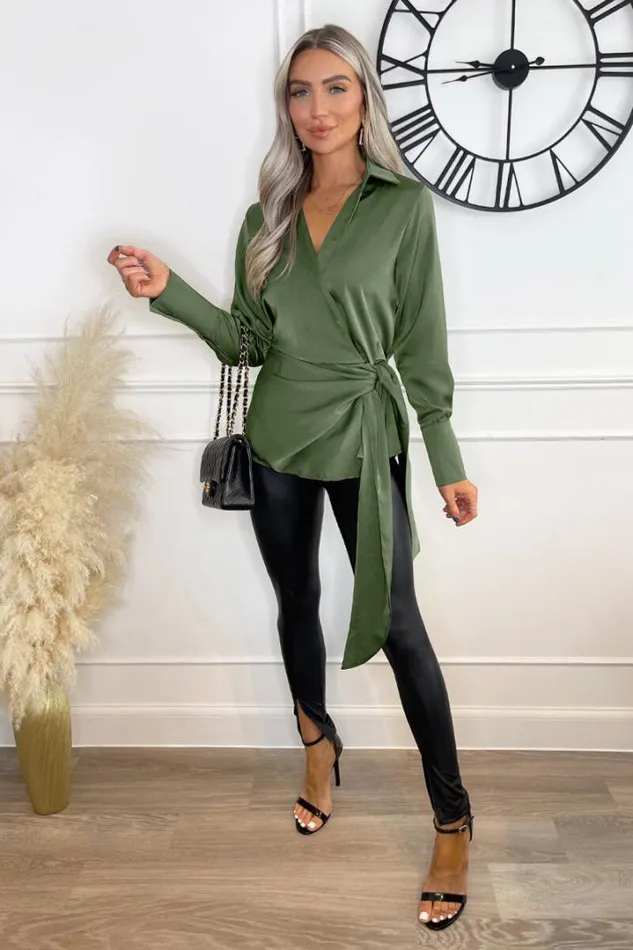 AX Paris Tops Olive Satin Tie Waist Wrap Shirt
