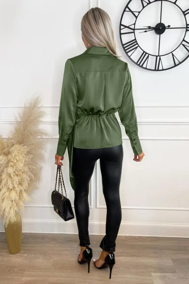 AX Paris Tops Olive Satin Tie Waist Wrap Shirt