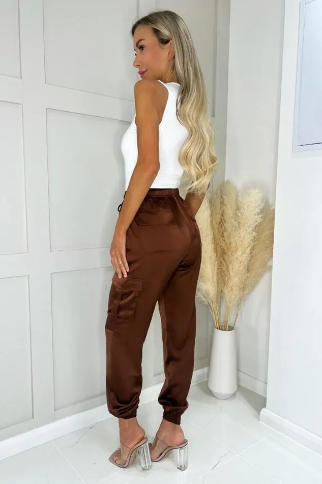 AX Paris Trousers 038 Leggings Chocolate Satin Cuffed Cargo Pants