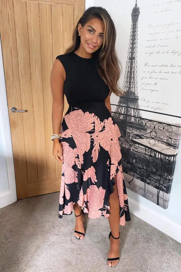 AX Paris Wedding Guest Dresses Black And Blush Floral Print 2 In 1 Midi Dress