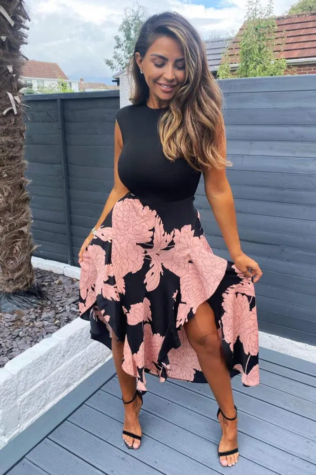AX Paris Wedding Guest Dresses Black And Blush Floral Print 2 In 1 Midi Dress