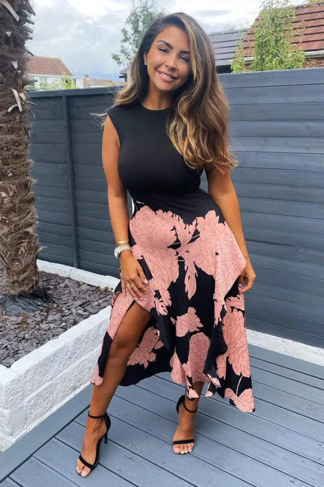 AX Paris Wedding Guest Dresses Black And Blush Floral Print 2 In 1 Midi Dress