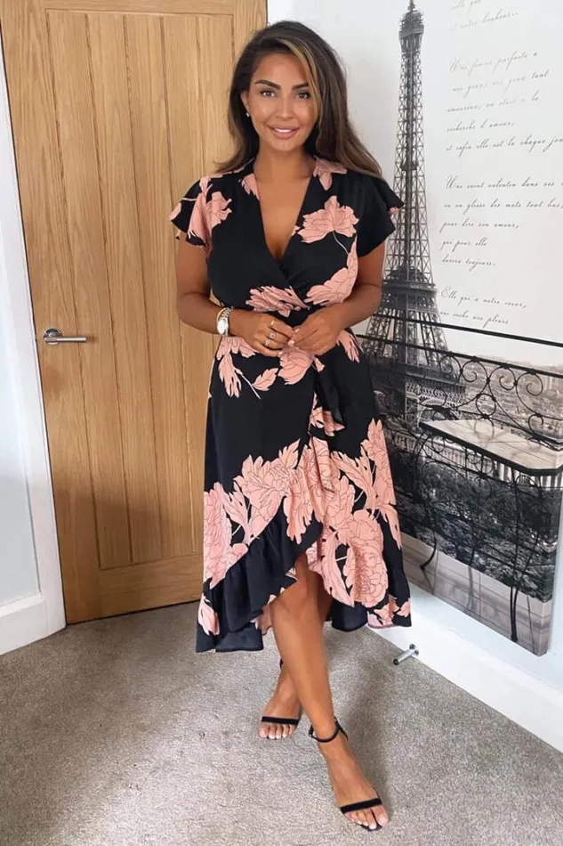 AX Paris Wedding Guest Dresses Black And Blush Floral Print Wrap Midi Dress