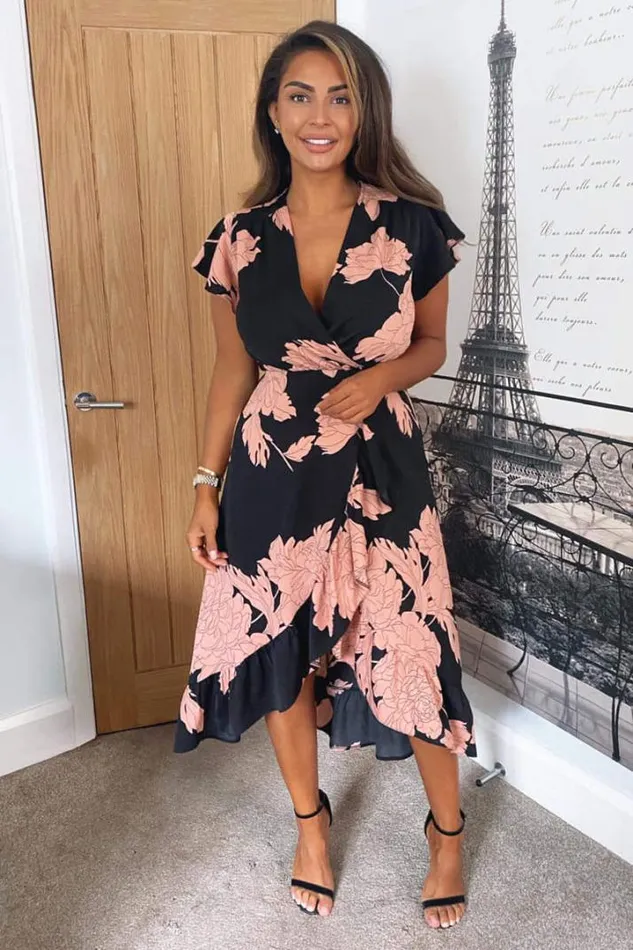 AX Paris Wedding Guest Dresses Black And Blush Floral Print Wrap Midi Dress