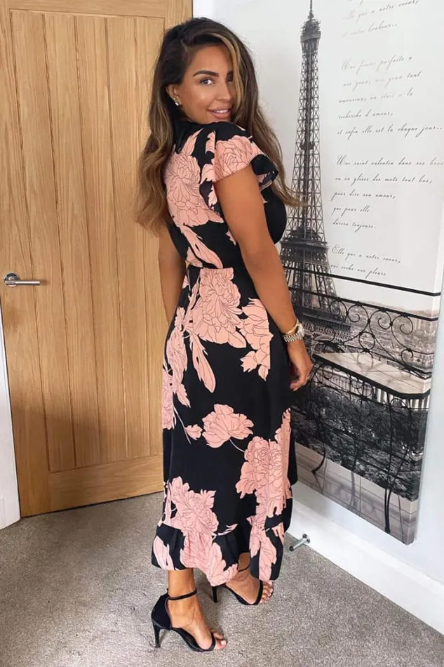 AX Paris Wedding Guest Dresses Black And Blush Floral Print Wrap Midi Dress