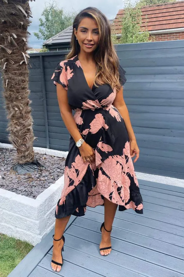 AX Paris Wedding Guest Dresses Black And Blush Floral Print Wrap Midi Dress