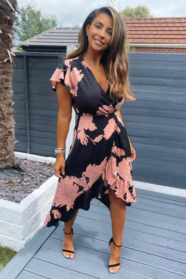 AX Paris Wedding Guest Dresses Black And Blush Floral Print Wrap Midi Dress