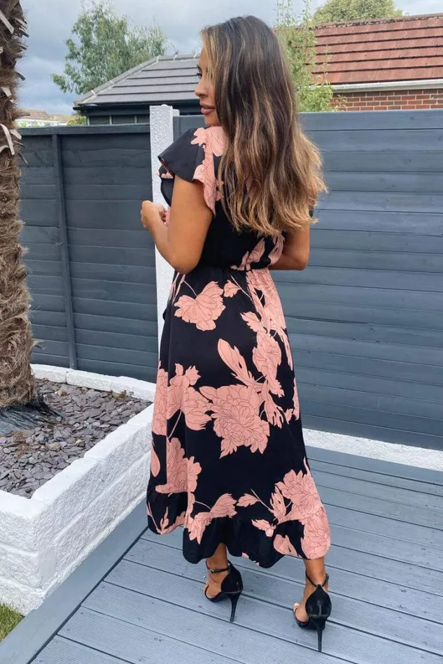AX Paris Wedding Guest Dresses Black And Blush Floral Print Wrap Midi Dress