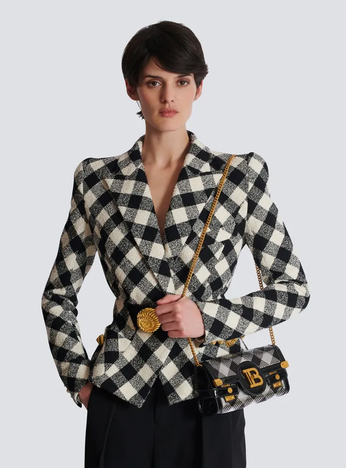 Balmain Clutches Women BBuzz Pouch 23 With Gingham Sequins And Patent Leather Black
