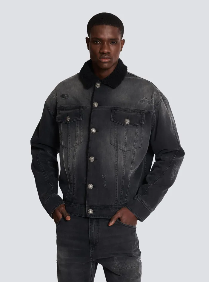 Balmain Denim Men Faded Denim Jacket Black