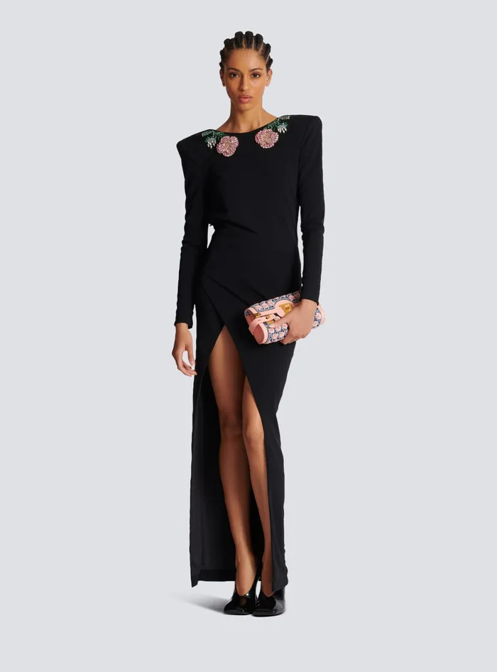 Balmain Dresses Women Long Backless Dress With Roses Embroidery Black
