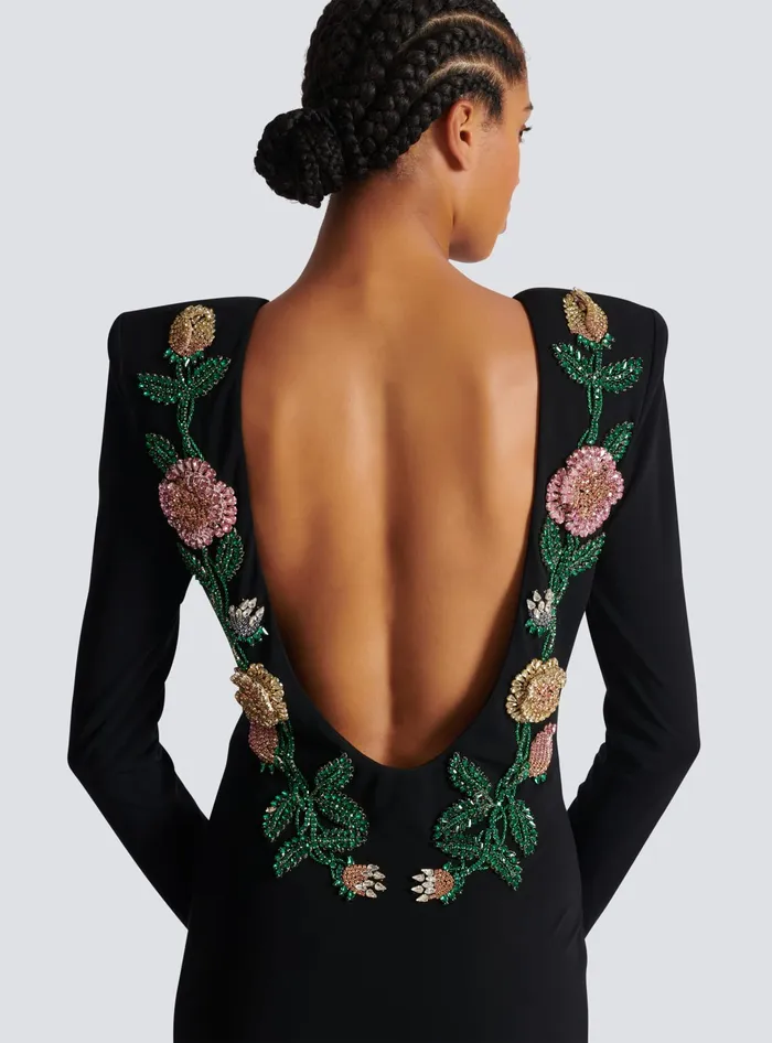 Balmain Dresses Women Long Backless Dress With Roses Embroidery Black