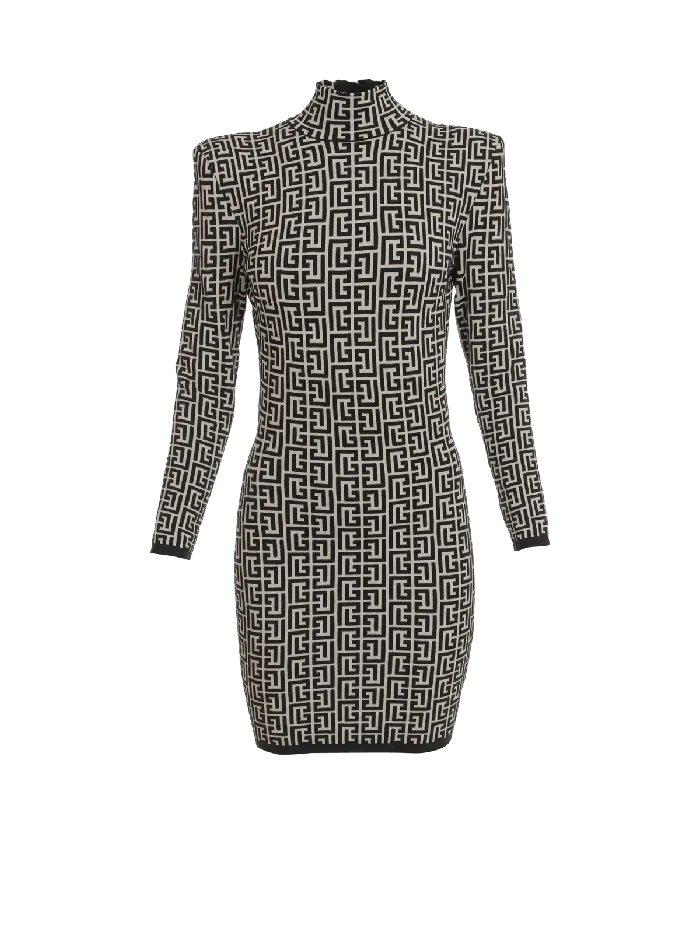 Balmain Dresses Women Short Bicolor Jacquard Knit Dress With Monogram Black