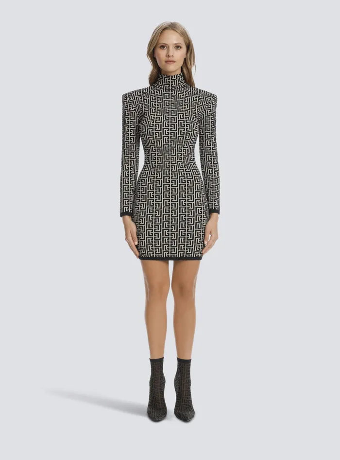 Balmain Dresses Women Short Bicolor Jacquard Knit Dress With Monogram Black