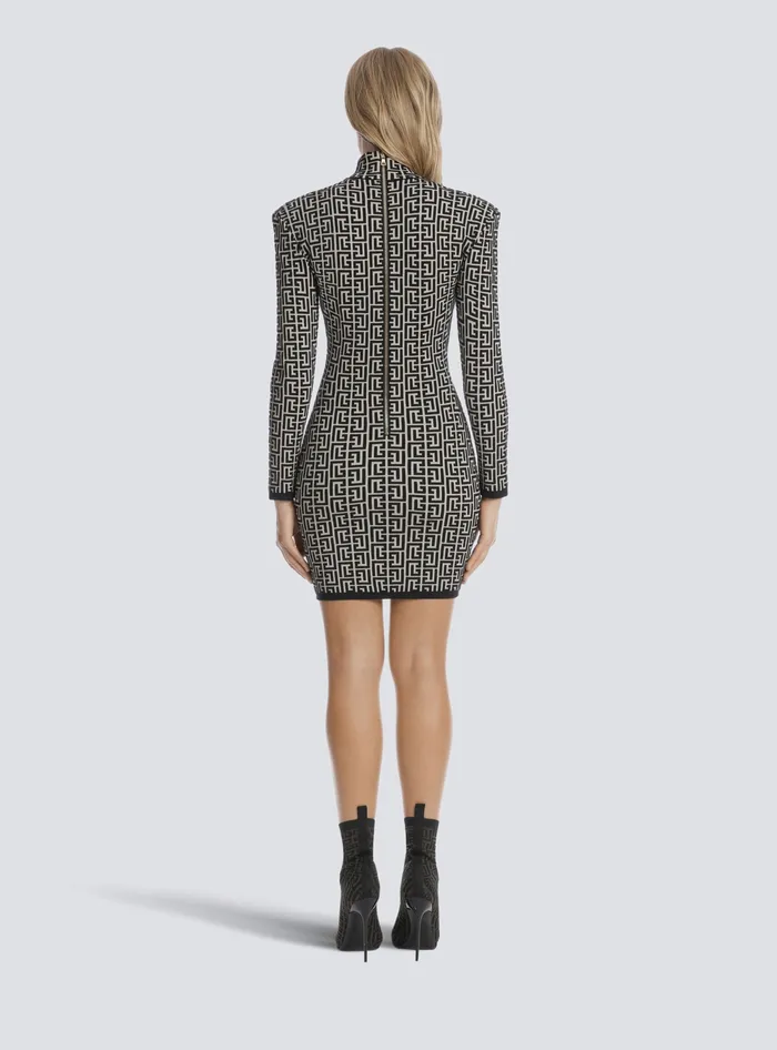 Balmain Dresses Women Short Bicolor Jacquard Knit Dress With Monogram Black