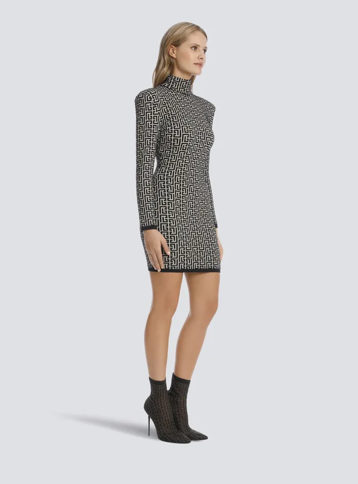 Balmain Dresses Women Short Bicolor Jacquard Knit Dress With Monogram Black