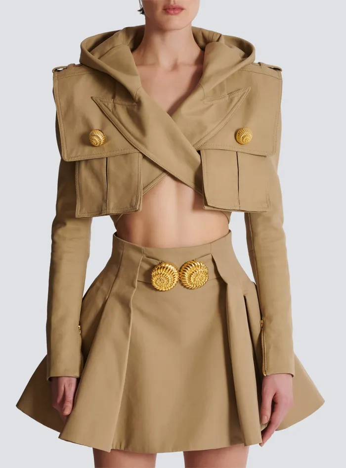 Balmain Jackets And Blazers Women Cotton Cropped Hooded Jacket Beige