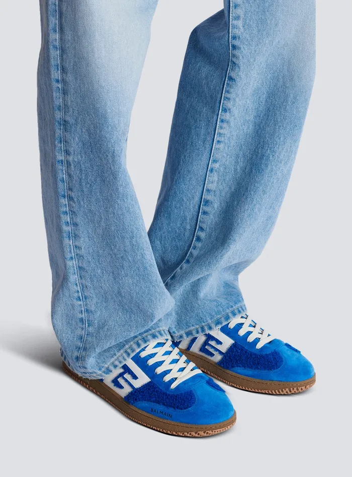 Balmain Sneakers Men Suede And Boucleacute Swan Trainers Blue