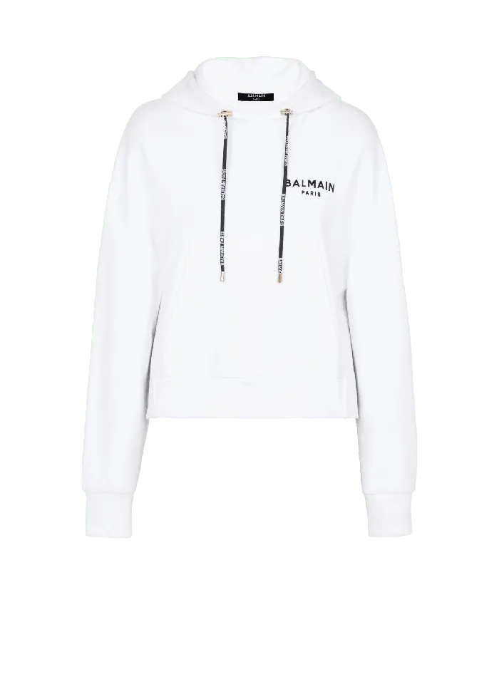 Balmain Sweatshirts Women Flocked Paris Hoodie White