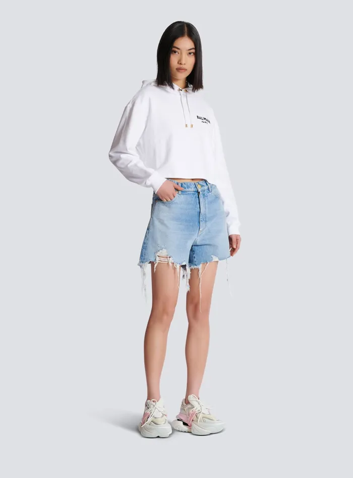 Balmain Sweatshirts Women Flocked Paris Hoodie White