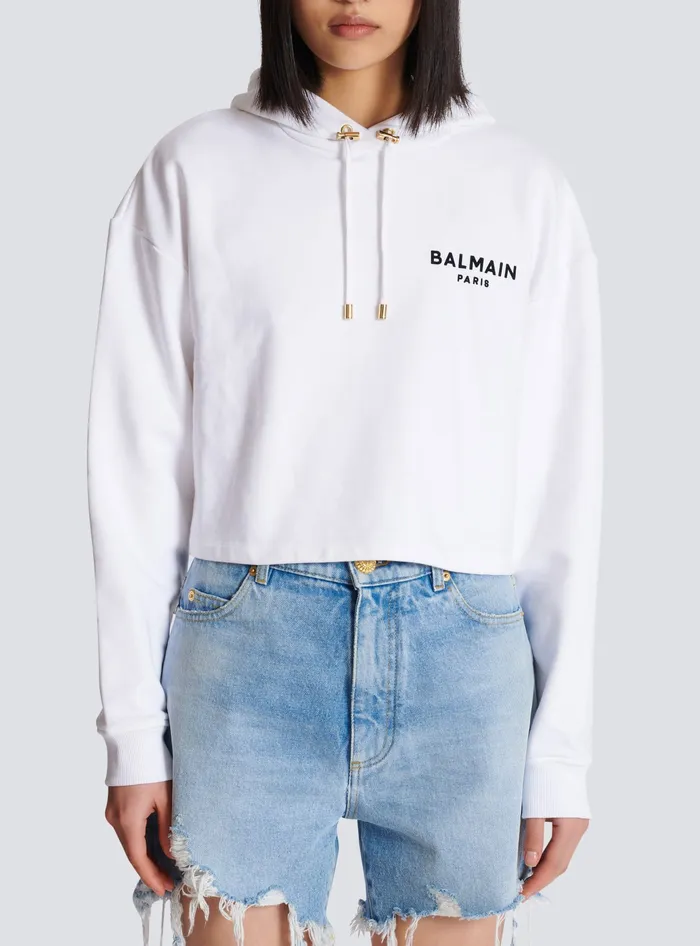 Balmain Sweatshirts Women Flocked Paris Hoodie White