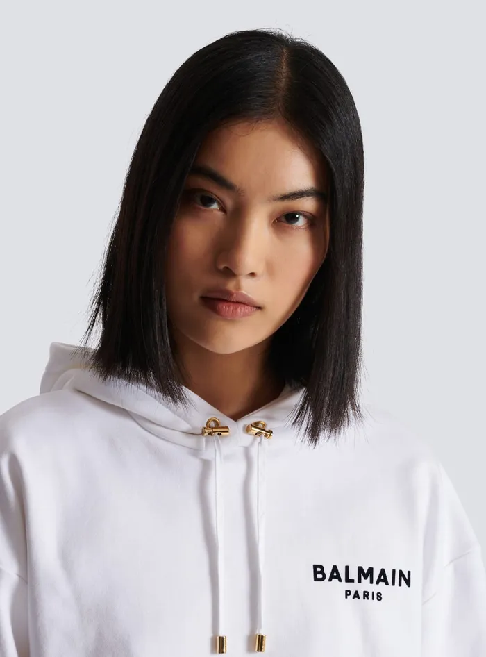 Balmain Sweatshirts Women Flocked Paris Hoodie White