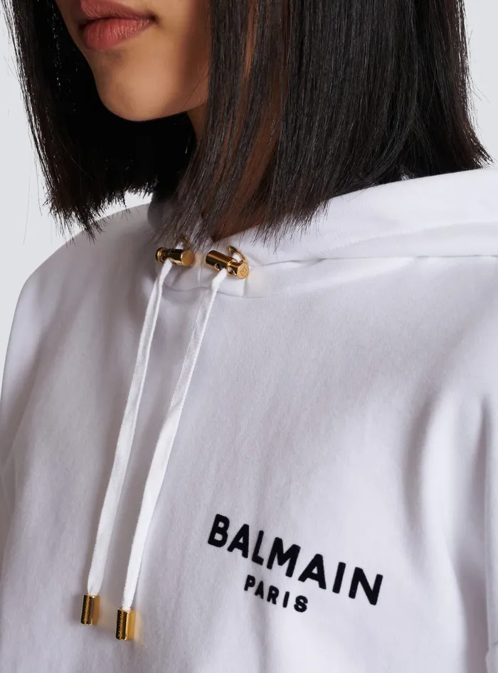 Balmain Sweatshirts Women Flocked Paris Hoodie White