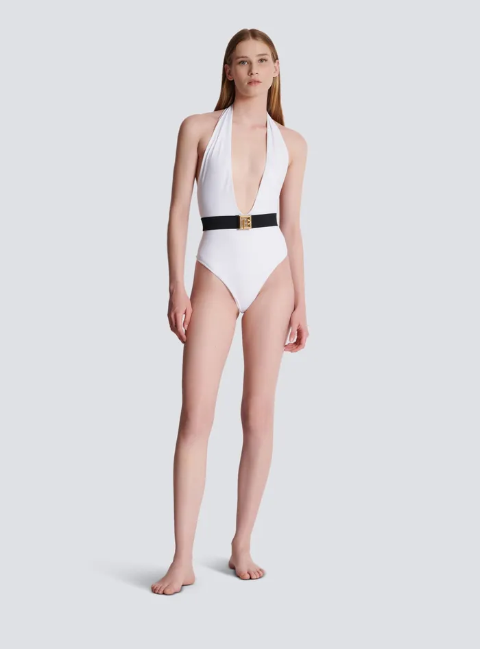 Balmain Swimwear Women Onepiece Swimsuit With PB Belt White