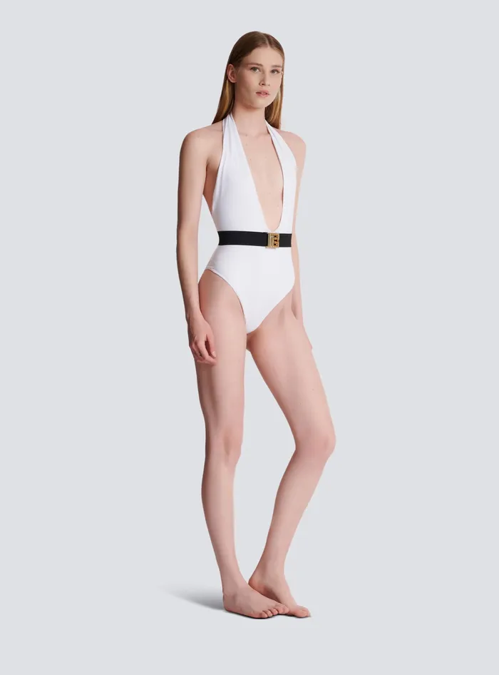 Balmain Swimwear Women Onepiece Swimsuit With PB Belt White