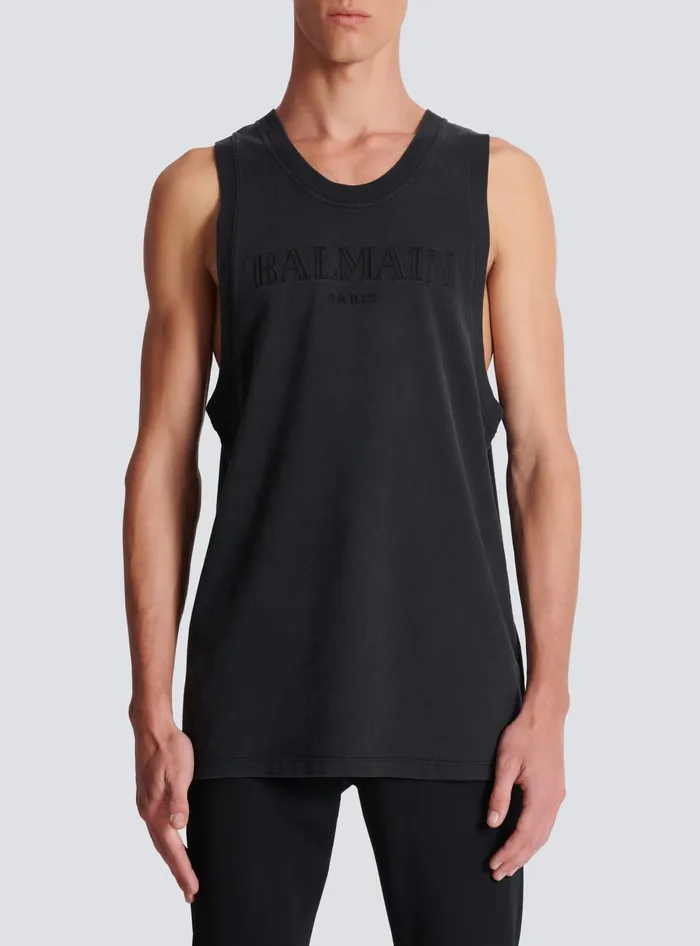 Balmain TShirts Men Vintage Embroidered Tank Top Grey