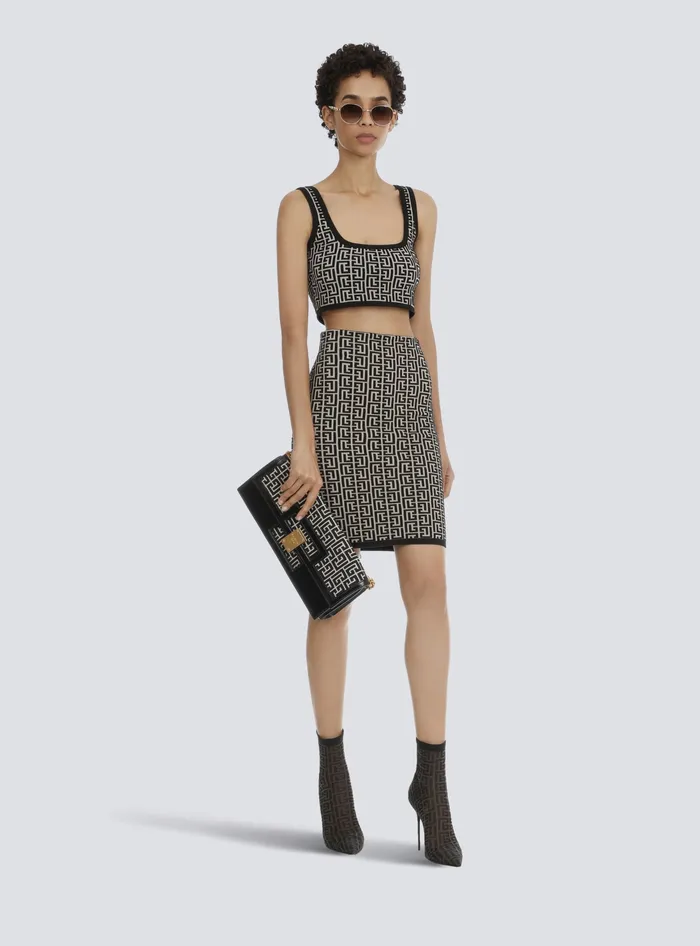 Balmain Tops And Shirts Women Cropped Bicolor Jacquard Sports Bra Top With Monogram Black