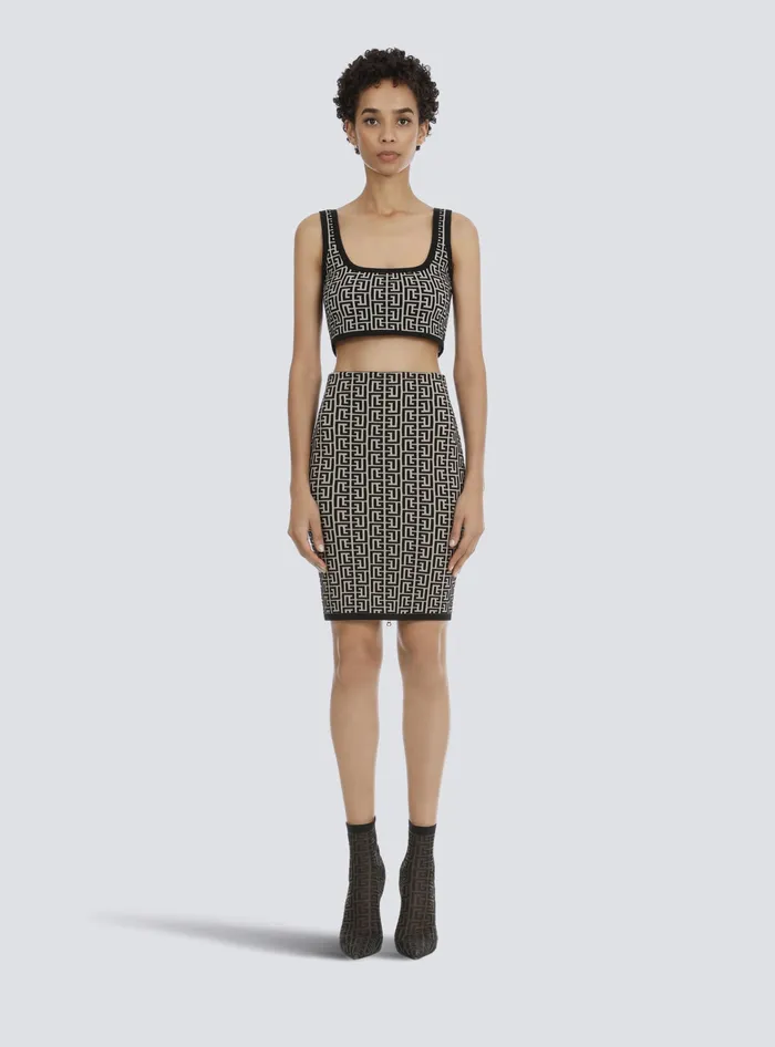 Balmain Tops And Shirts Women Cropped Bicolor Jacquard Sports Bra Top With Monogram Black