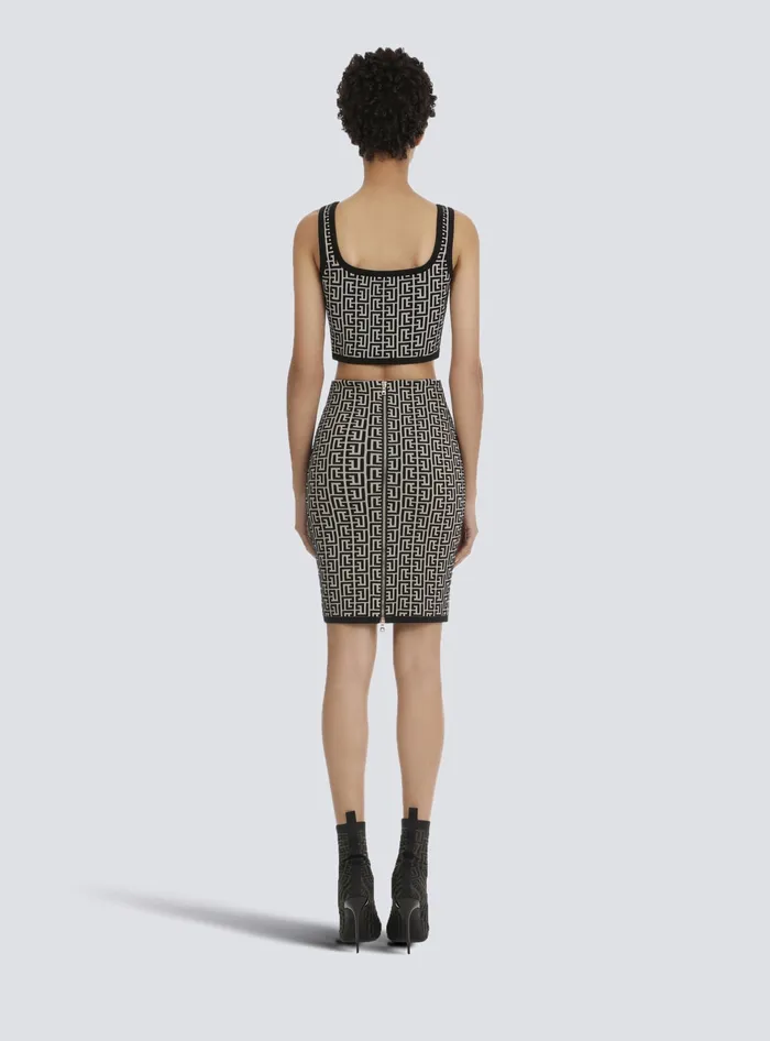 Balmain Tops And Shirts Women Cropped Bicolor Jacquard Sports Bra Top With Monogram Black