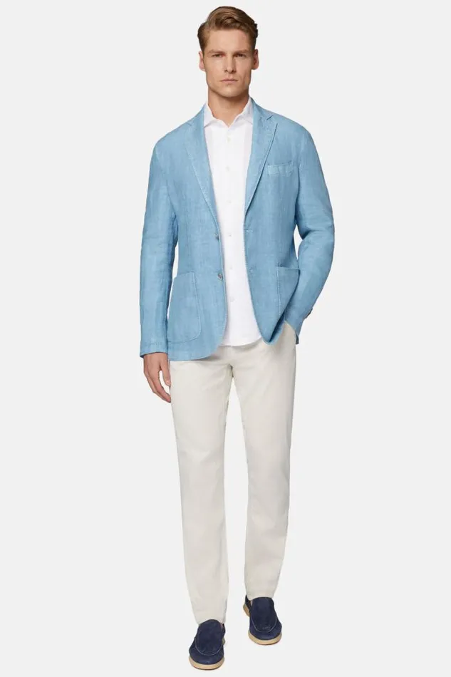 Blazers Men Boggi Milano Sky Blue Herringbone Linen Jacket Light Blu