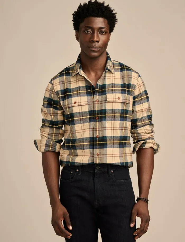 Brushed Twill Plaid Long Sleeve Utility Shirt Natural Blue Combo Men Lucky Brand ButtonDowns