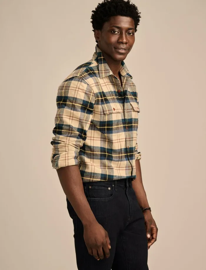 Brushed Twill Plaid Long Sleeve Utility Shirt Natural Blue Combo Men Lucky Brand ButtonDowns