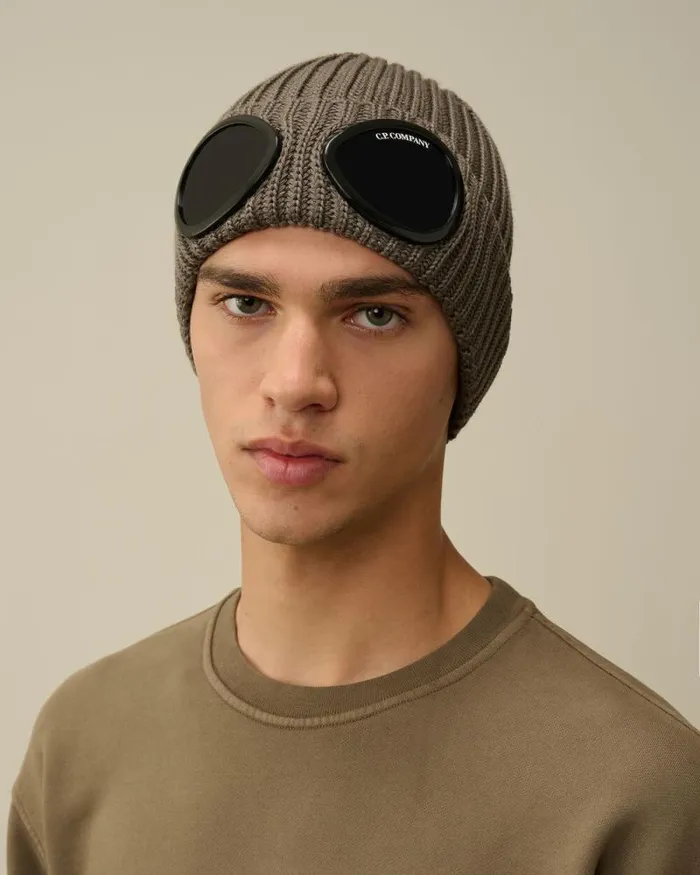 CP Company Hats Extra Fine Merino Wool Goggle Beanie Walnut Beige 8211 Man